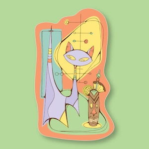 May include: A stylized illustration of a purple cat with a yellow background and a tiki drink with a pineapple garnish. The cat is sitting on a green surface with a yellow and orange background.