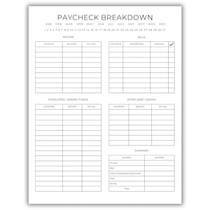 Minimalist Gehaltsscheck Aufschlüsselung Budget Seite Printable PDF