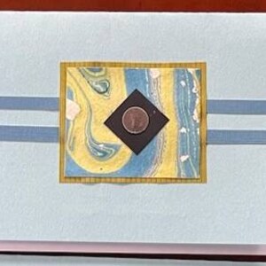 Set of 6 Blank Handmade Cards with Blue and Green Marbled Paper on Blue paper