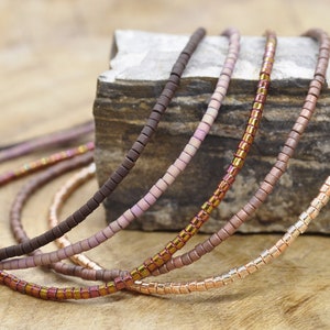 Set of delicate seed bead bracelets (5 count) rose/lilac/petal pink/dark chocolate toned bracelets, neutral bracelets, stacking bracelets