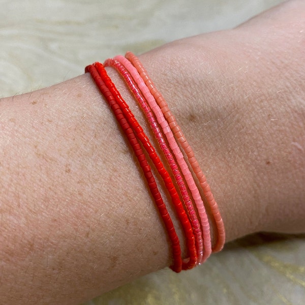 Delicate seed bead bracelets (5 count) red/crimson/pink