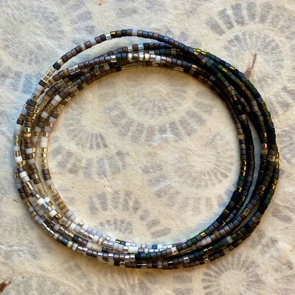 Long ombre seed bead necklace or wrap bracelet - silver/gray/green