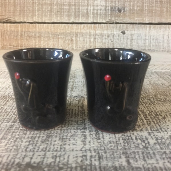 Shot Glasses, Made in Japan Shot Glasses, Mid Century Ceramic Shot Glasses Red Nose Hound Dog Shot Glasses