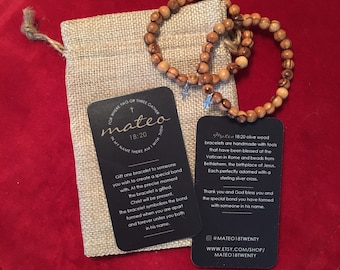 Friendship Christian Bracelet Set: Olive Wood, Sterling Silver Cross, Vatican Blessed