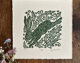 Leap - Little Original Lino print - imprimée à l'encre verte sur du papier Somerset 280 g