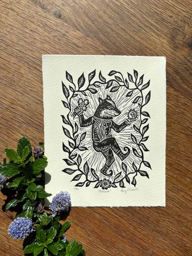 Beltane - Original Lino print - Black ink - Limited edition printed of 280gsm Somerset paper image 4