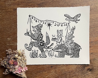 Merry Parade in black ink - single colour - Original Lino Print - limited edition
