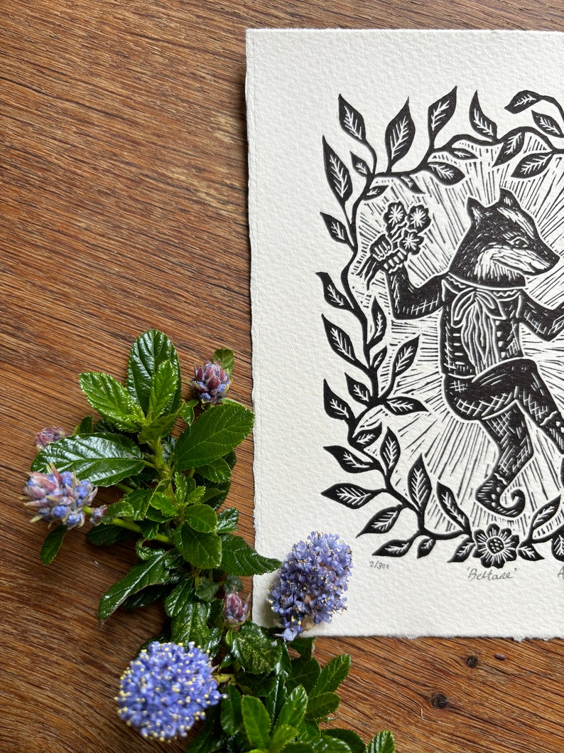 Beltane - Original Lino print - Black ink - Limited edition printed of 280gsm Somerset paper image 2