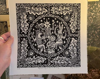 Cualquier cosa buena para hacernos felices a todos - Impresión linográfica original