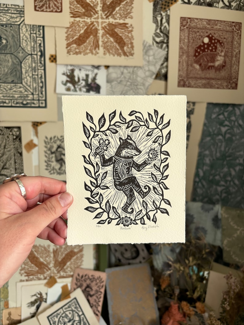Beltane - Original Lino print - Black ink - Limited edition printed of 280gsm Somerset paper image 1