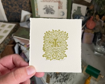 Oak - Original teeny Green Man lino print - limited edition - Somerset paper
