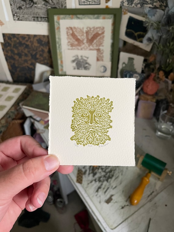 Oak - Original teeny Green Man lino print - limited edition - Somerset paper