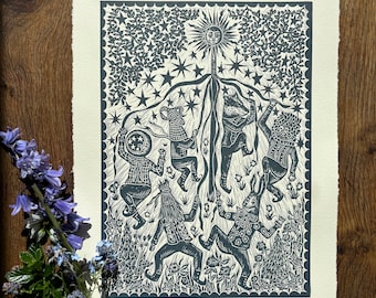 Mummers en mayo - Grabado original en linóleo - Edición limitada - Papel Somerset de 280 g/m²