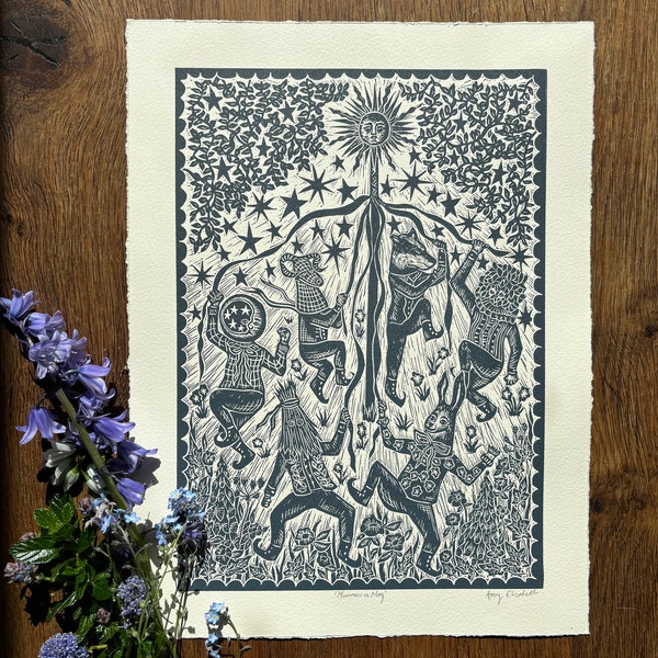 Mummers in May - Original Lino print - Limited edition - Somerset 280gsm paper