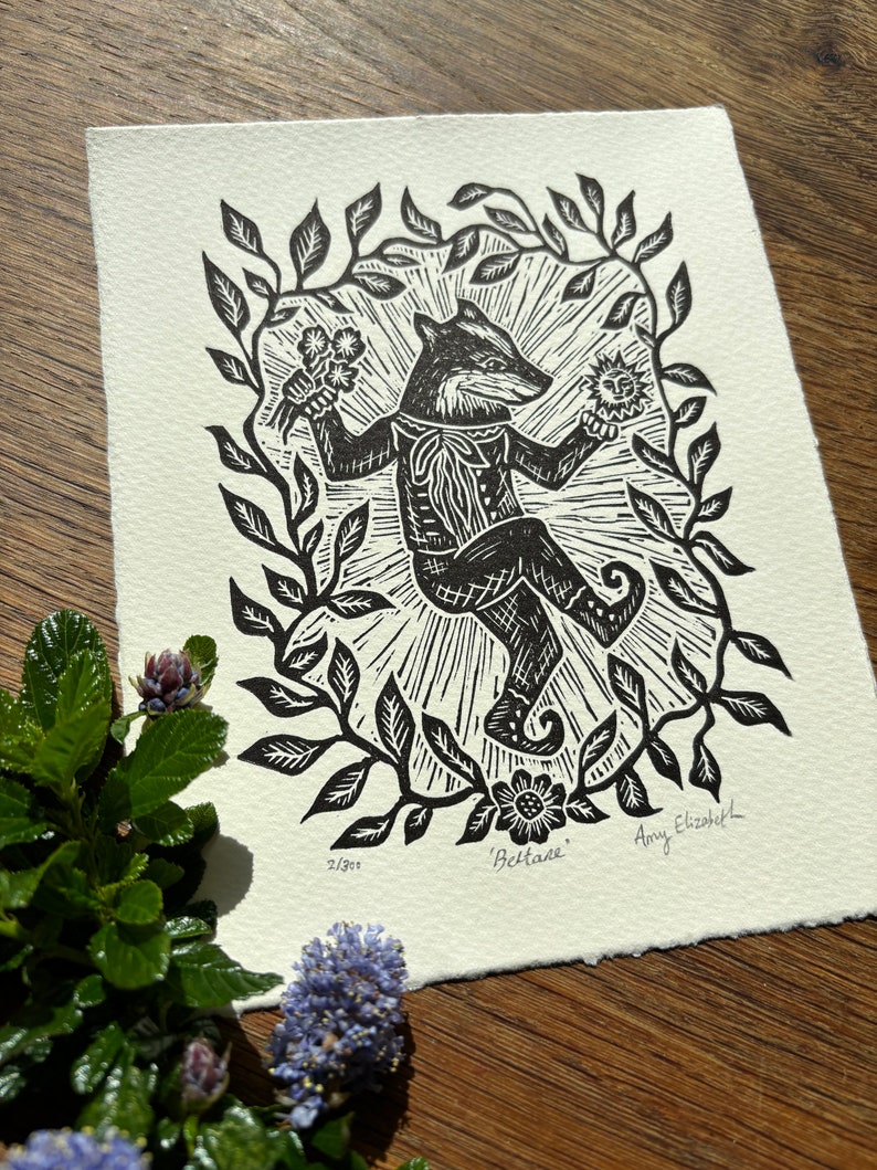 Beltane - Original Lino print - Black ink - Limited edition printed of 280gsm Somerset paper image 3