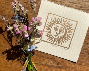 Midsummer - original lino print - limited edition of 100 - tiny lino printed in gold on 280gsm Somerset paper
