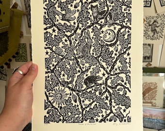 Secrets of the Old Oak - Original Lino print - 280gsm Somerset Velvet paper