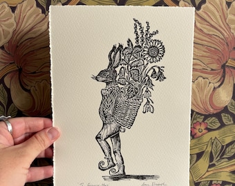 The Foraging Hare - Original Lino print - Handmade in Suffolk - 280gsm Somerset paper
