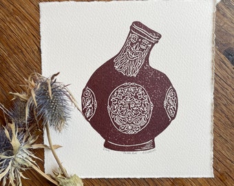 On the Huh - Small original Lino print of a wonky Bellarmine bottle - Printed on 280gsm paper
