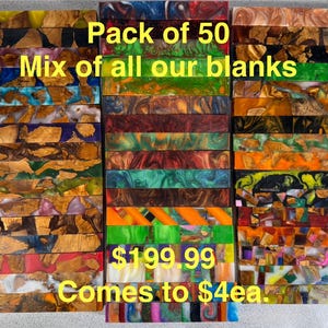 May include: A collection of 50 rectangular wood and resin turning blanks arranged in three columns. The pieces feature various wood grains combined with colorful, swirled, and solid resin patterns in shades of blue, green, orange, red, and purple. Text reads: Pack of 50 Mix of all our blanks $199.99 Comes to $4ea.