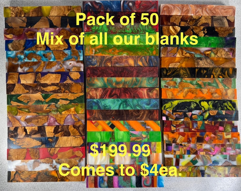 May include: A collection of 50 rectangular wood and resin turning blanks arranged in three columns. The pieces feature various wood grains combined with colorful, swirled, and solid resin patterns in shades of blue, green, orange, red, and purple. Text reads: Pack of 50 Mix of all our blanks $199.99 Comes to $4ea.