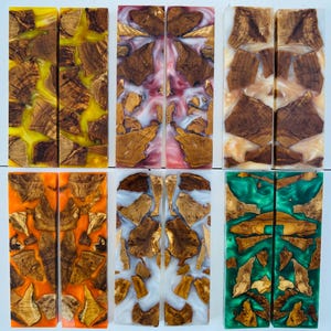 May include: Six pairs of rectangular wood and resin blocks in various colors. The blocks feature wood pieces embedded in clear, yellow, orange, white, pink, and green resin. The wood has a natural, textured appearance.