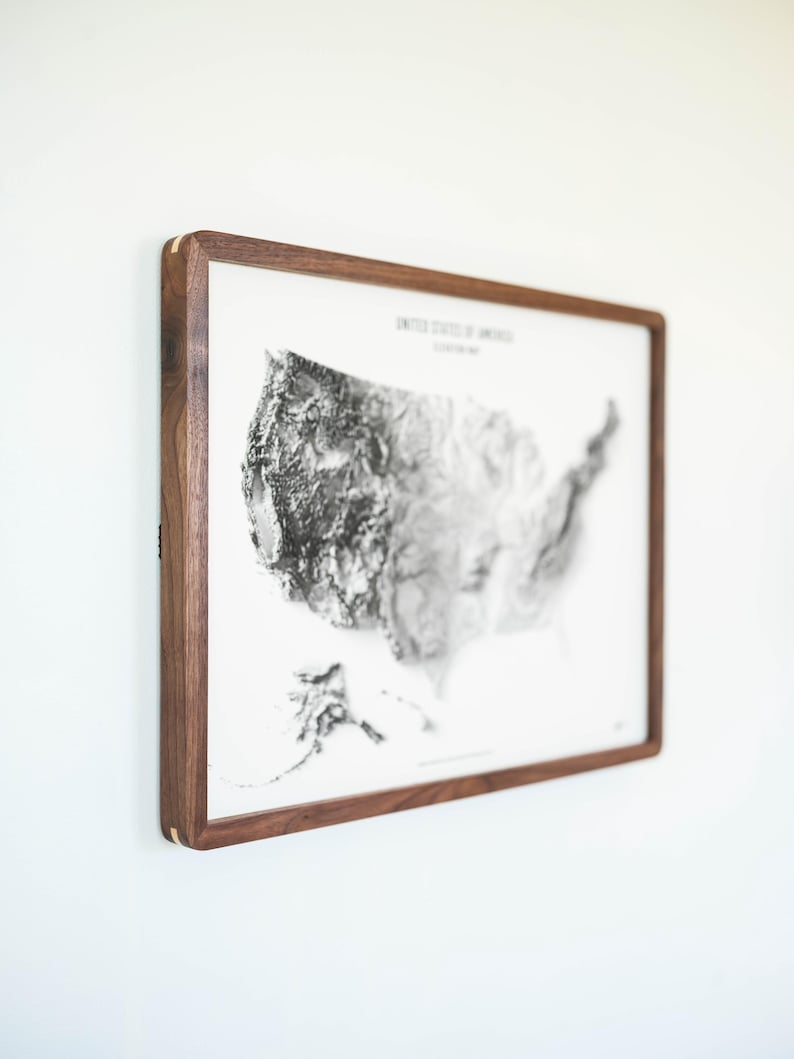 May include: A framed print of a grayscale relief map of the United States, displayed on a white wall. The map is enclosed within a dark brown wooden frame. The text "UNITED STATES OF AMERICA" is visible at the top of the map.