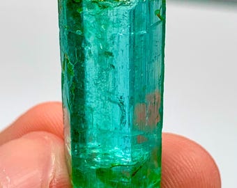 Puede incluir: Un cristal de esmeralda hexagonal translúcido con un tono verde vibrante. La piedra preciosa presenta una estructura columnar vertical con inclusiones internas visibles y facetas naturales a lo largo de su longitud, mostrando un aspecto claro.