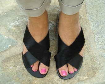 Pony skin sandals, Leather sandals, Greek sandals, Black sandals, Womens sandals, Greek leather sandals, Summer sandals, Artemis