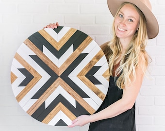 24" Geometric Wood Round - READY TO SHIP - Geometric Wall Art - Mosaic Wood Art - Boho Wood Art - Round Wooden Wall Art - Modern Wood Art