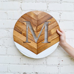 Monogram Round Chevron MADE TO ORDER Personalize Monogram, Modern Wall Decor, Wedding Gift, Gift for Mom, Anniversary, New Home White