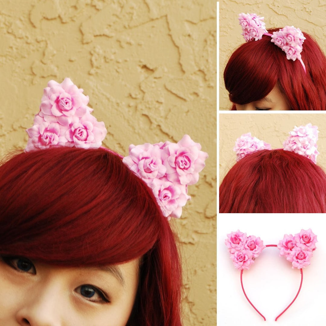 Floral Cat Ear Headband Flower Kitty Ear Headband Pink Party Etsy