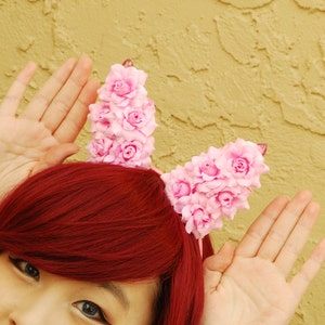 Floral Bunny Ear Headband | Flower Rabbit Ear Headband -- Pink Party