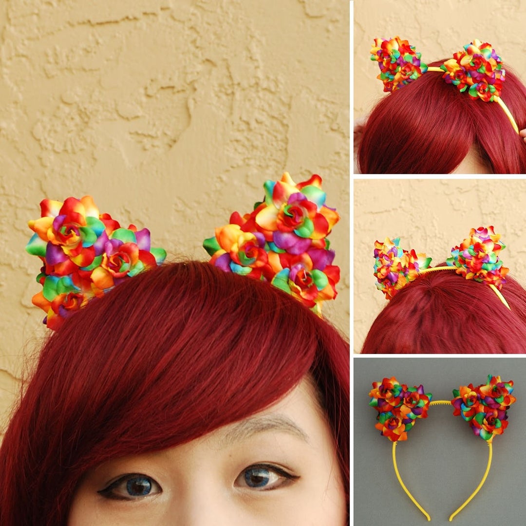 Floral Cat Ear Headband Flower Kitty Ear Headband Rainbow Etsy