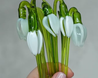 White Glass Snowdrop Flower Figurine, Hand-Blown Art Glass