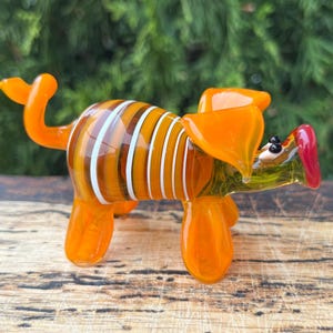 Glass Orange Striped Pig Figurine – Miniature Glass Pig Sculpture – Murano Style Piggy Animal – Blown Glass Pig Gift – Collectible Pig Decor