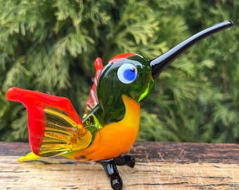 ハチドリと花のガラス彫刻、ムラーノガラスの鳥、アートガラスの置物