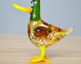 Glass Duck Figurine Yellow Glass Duck Animal Sculpture Art
