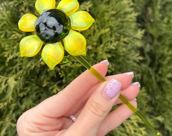 Figura de girasol de cristal, flor de girasol soplada a mano, estaca de cristal estilo Murano para plantas, decoración floral, regalo para ella.