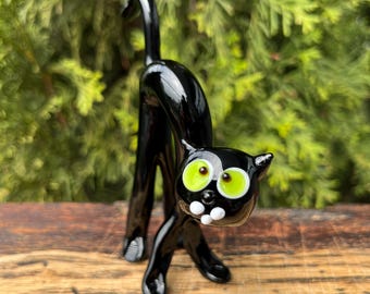 Zwart glazen kattenbeeldje – handgeblazen glazen kattensculptuur – miniatuur kattendecor – kattenliefhebber cadeau