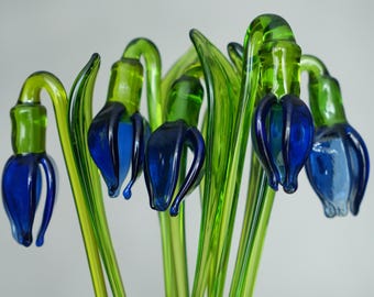 Blue Glass Snowdrop Flower Figurine, Hand Blown Floral Sculpture, Mini Glass Garden Decor, Shelf & Plant Pot Accent, Unique Flower Gift
