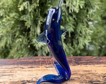 Blue Glass Dolphin Figurine – Hand Blown Dolphin Sculpture – Ocean Decor – Beach House Gift