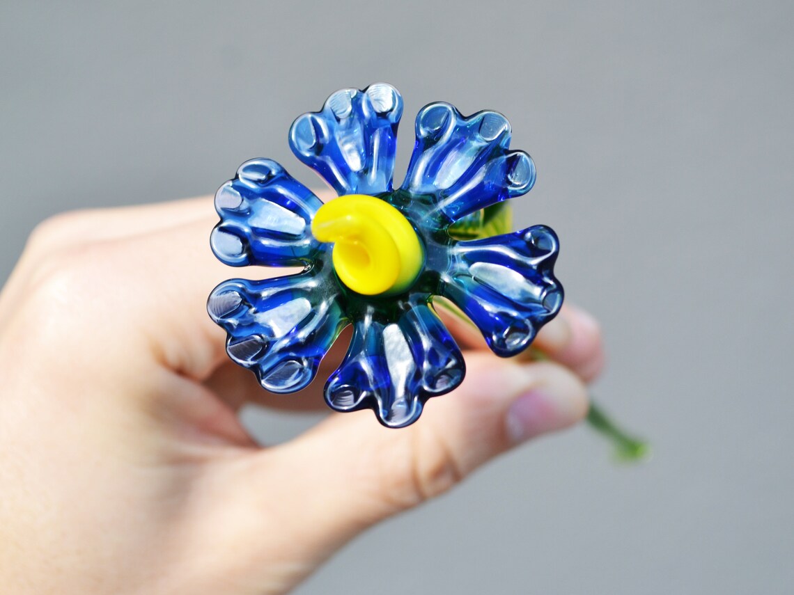 Blue Glass Flowers Figurine Blown Flower Sculpture Art Glass Etsy
