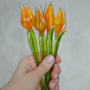 Estatueta de Tulipa em Vidro Laranja, Flor de Vidro Soprado à Mão, Decoração para Vasos de Plantas e Jardim, Enfeite de Prateleira, Presente Floral Exclusivo