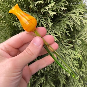 Glass Rose Figurine – Blown Glass Flower with Long Stem, Handmade Orange Glass Rose, Romantic Flower Gift Ideas, Home Decor, Collectible Art