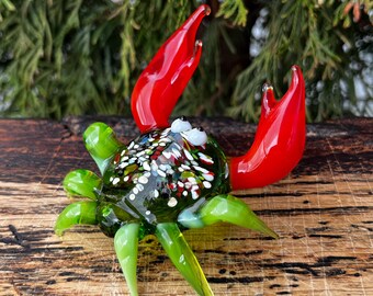 Figurine Crabe En Verre Soufflé à La Main - Miniature Côtière En Cristal Vert Foncé, Ornement Décoratif Unique Pour Intérieur
