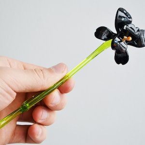 Black Glass Orchid Flower Figurine – Blown Glass Long Stem Flower for Vase – Art Glass Orchid Sculpture – Handmade Murano Style Flower Decor