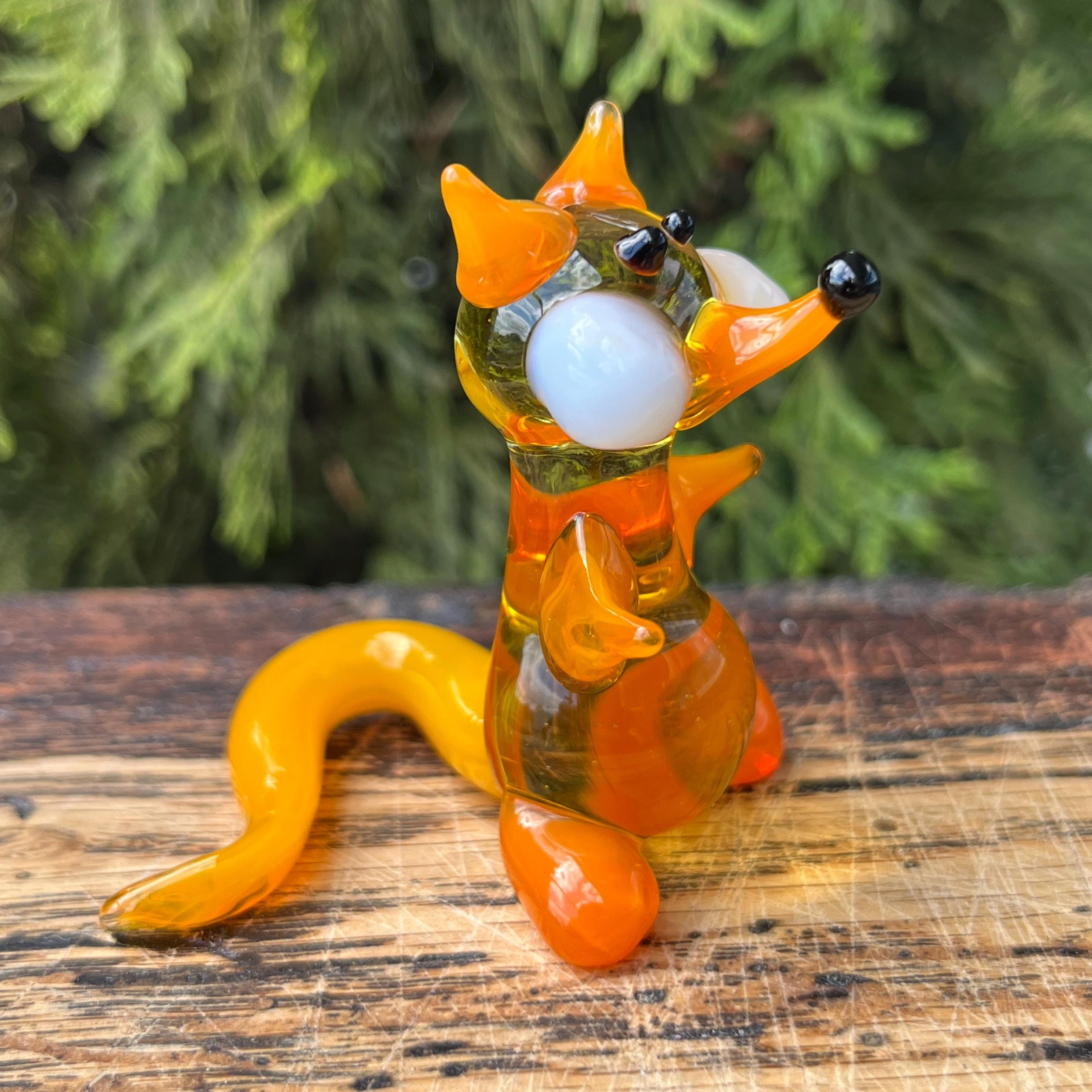 Orange Glass Fox Figurine – Blown Glass Animal – Mini Fox Decor