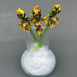 Yellow Glass Iris Flowers Figurine Blown Flower Sculpture Art Glass Flower Murano Long Stem Flower Garden Iris Ornaments