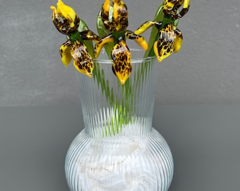 Yellow Glass Iris Flowers Figurine Blown Flower Sculpture Art Glass Flower Murano Long Stem Flower Garden Iris Ornaments
